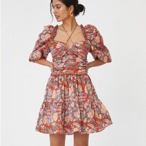 Love the Label | Red Floral Boho Puff Sleeve & Halter Tie Mini Dress | Large